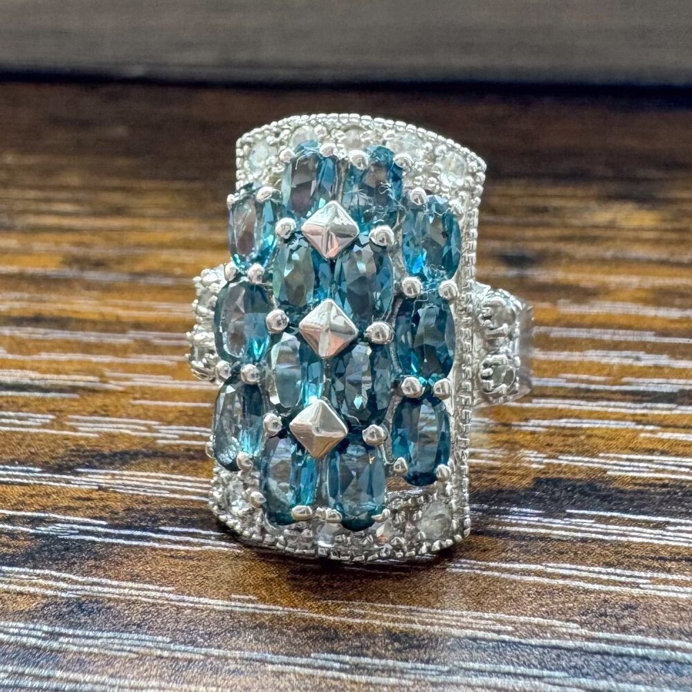 Sterling Silver London Blue Topaz Statement Ring Size 6 – 925 Shield Design